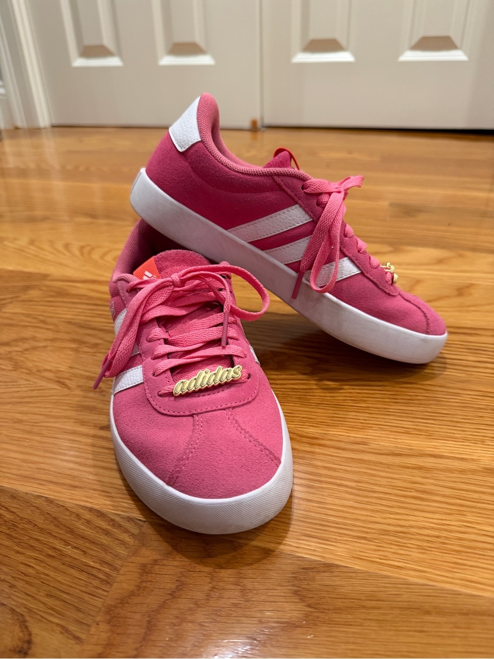 adidas Pink Suede Low-Top Sneakers with White Stripes